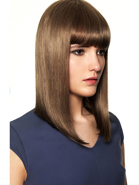 Stylish Brown Straight With Bangs Shoulder Length Capless Human Hair Women Wigs