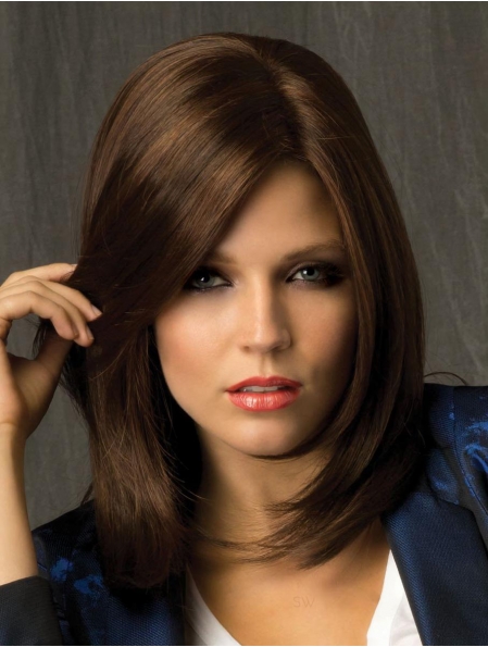 Refined Brown Straight Shoulder Length Lace Synthetic Women Wigs