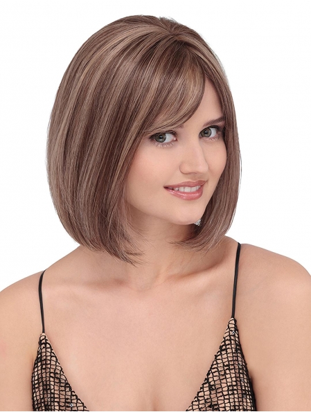 New Design Blonde Shoulder Length Straight With Bangs Human Hair Women Bobs Wigs