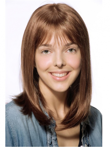 Wonderful  Brown Shoulder Length Straight With Bangs Lace Front High Quality Synthetic Women Wigs