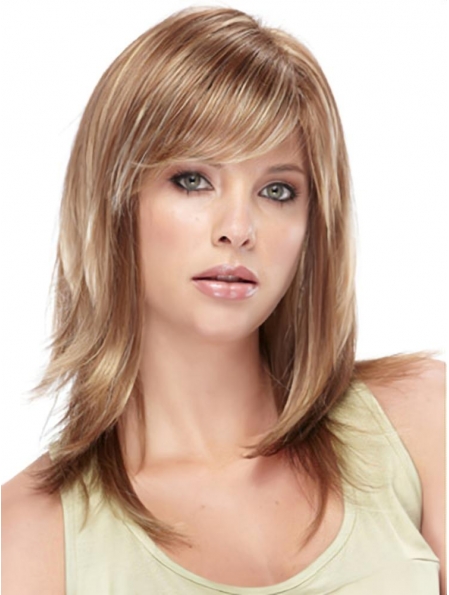 Convenient Brown Straight With Bangs Medium Synthetic Women Wigs