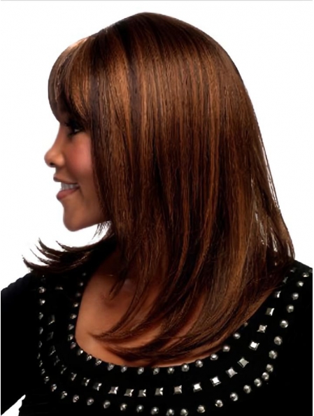 Convenient Auburn Straight Shoulder Length With Bangs Capless Synthetic Women Wigs