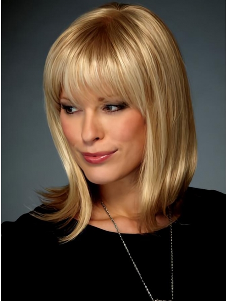 Fabulous Blonde Straight Shoulder Length With Bangs Lace Front Synthetic Women Wigs