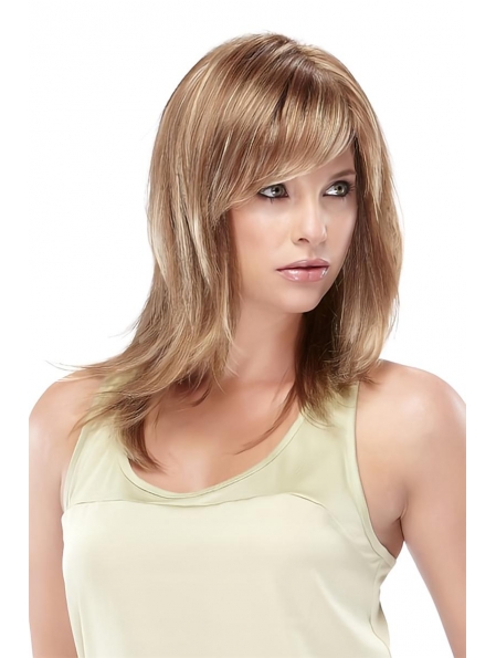 Incredible Blonde Straight With Bangs Shoulder Length Lace Front Synthetic Women Wigs