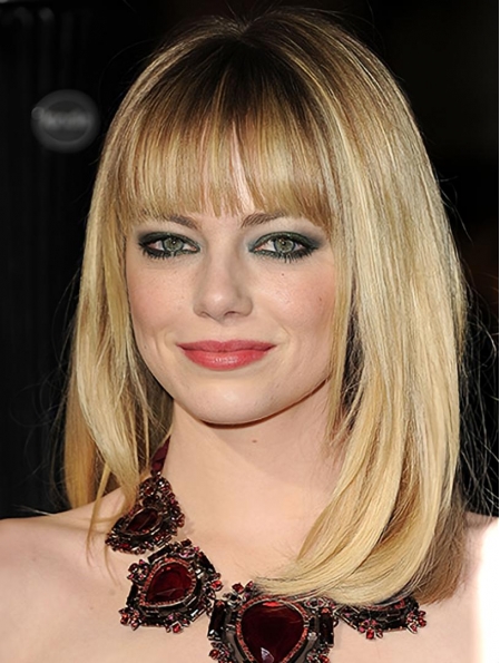 Full Lace Shoulder Length Blonde Straight With Bangs Synthetic Emma Stone Wigs