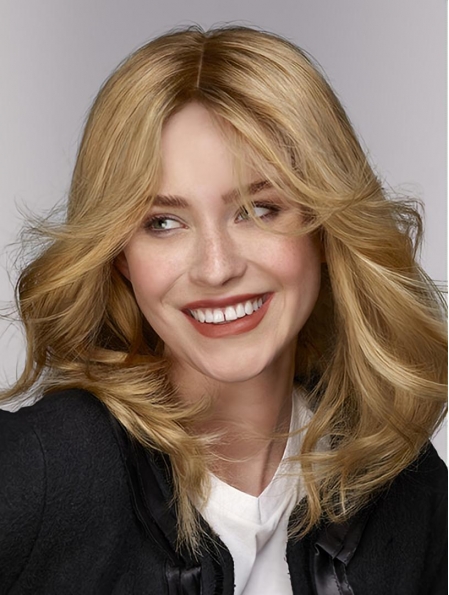 Wavy Shoulder Length Blonde Monofilament 14" Without Bangs Top Quality Lace Wigs