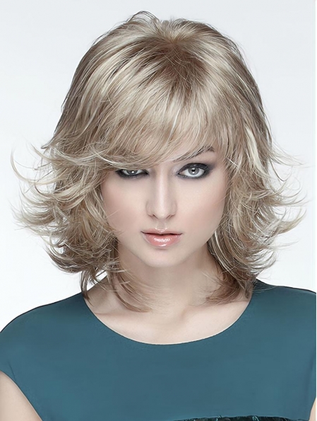 Wavy Medium  Blonde With Bangs Mono Synthetic Women Wigs 