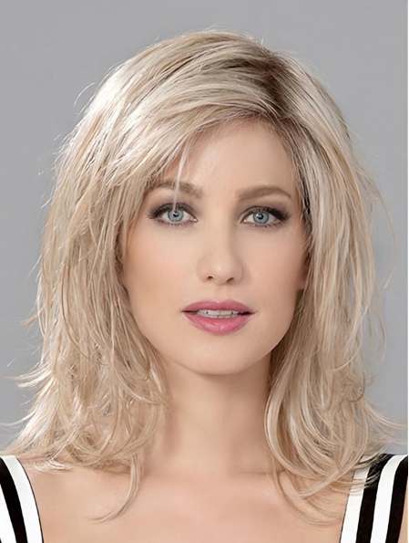 Blonde Wavy Shoulder Length Layered Mono Human Hair Wigs For Lady