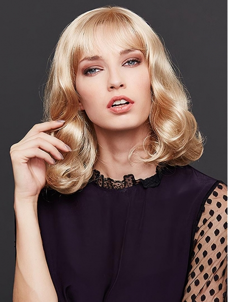  Blonde Shoulder Length With Bangs Wavy Lace Front Synthetic Women Wigs