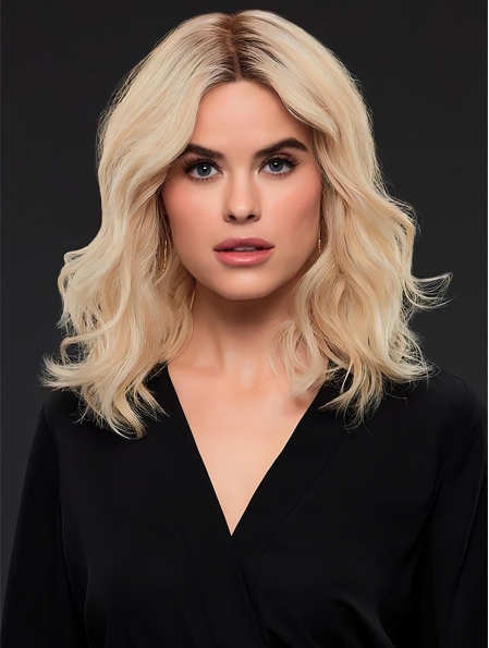 Blonde Wavy Without Bangs Layered Shoulder Length Medium Synthetic Women Wigs