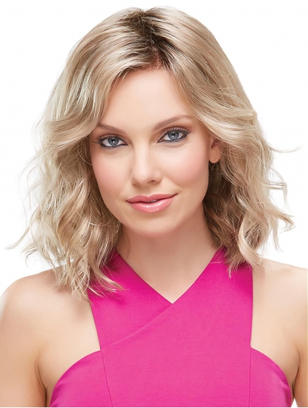 Blonde Durable Medium Wavy Without Bangs Lace Front Synthetic Women Wigs