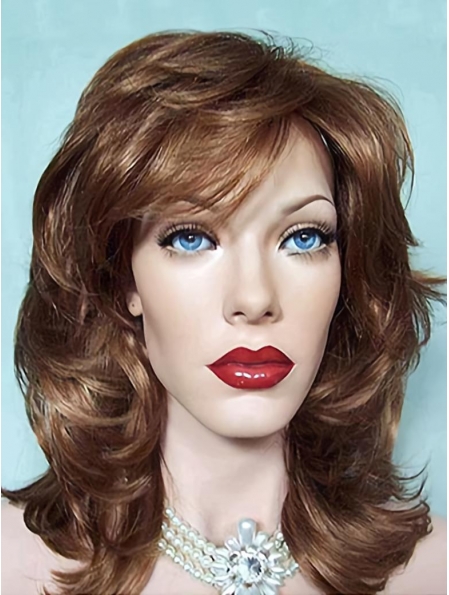 Easy Medium Wavy With Bangs Lace Front Synthetic Women Wigs