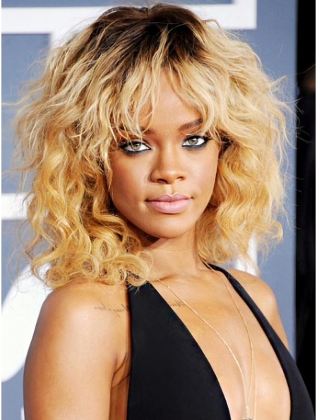 Rihanna New Fashioned Mid-length Wavy with Bangs Full Lace Human Hair Women Wig 