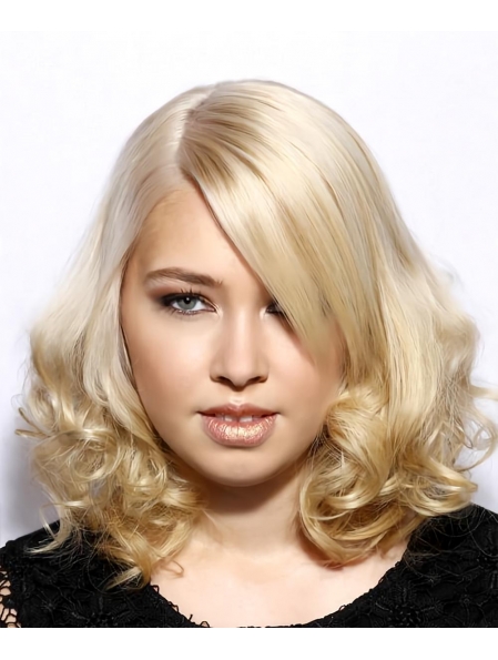 Blonde Medium Curly Light  Bob Haircut with Side Swept Bangs Human Hair Wigs