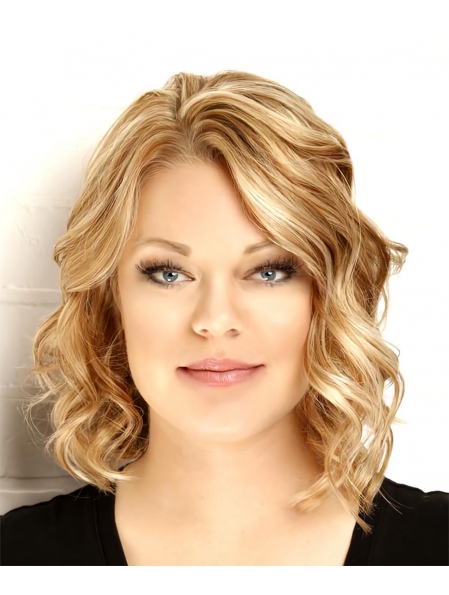 Curly Shoulder Length Lace Front Medium Wavy Light Red Bob Haircut with Light Blonde Highlights Human Hair Wigs