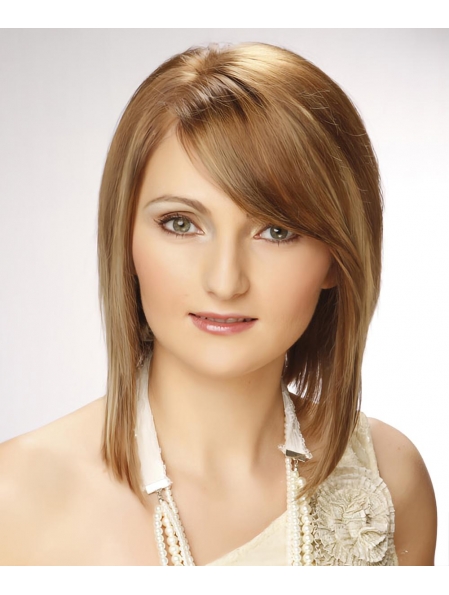 Lace Front Human Hair Wigs Medium Straight Light Blonde Bob Haircut with Side Swept Bangs